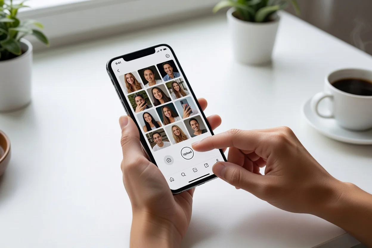 Mãos segurando smartphone fazendo upload de foto de perfil para análise com IA