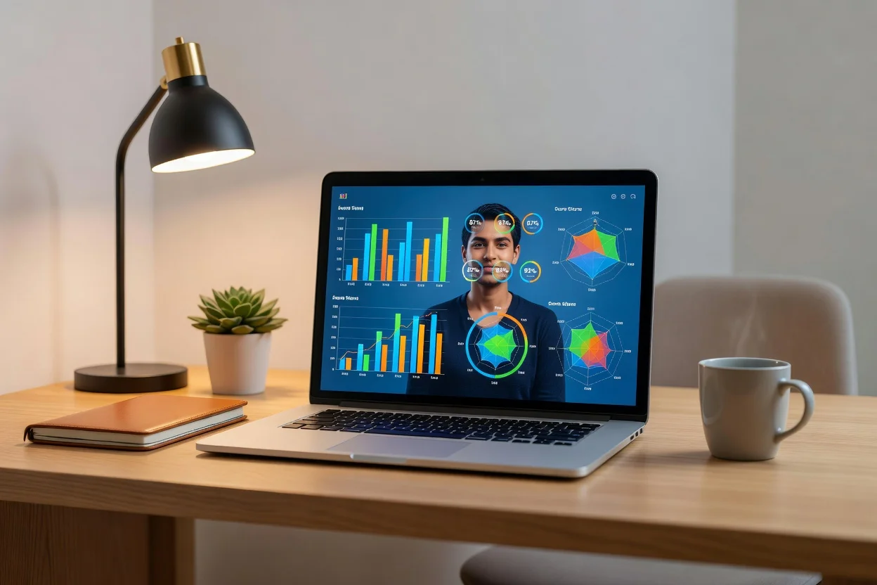 Tela de computador exibindo dashboard com scores e gráficos de análise de foto de perfil
