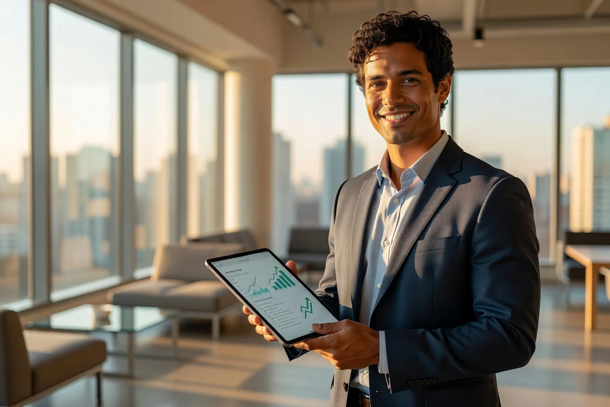 Profissional brasileiro satisfeito visualizando relatório detalhado de análise de foto no tablet